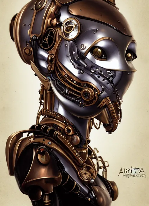 Prompt: portrait of a steampunk robot woman in 1810 by Artgerm, biomechanical, hyper detailled, trending on artstation