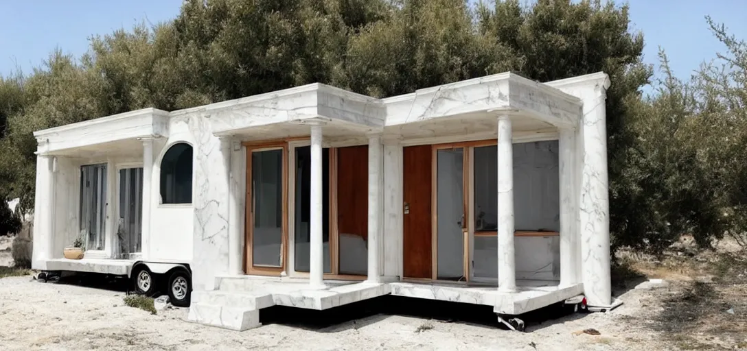 Prompt: greek tiny house made of marble with columns on trailer designed by iktinos and callicrates.