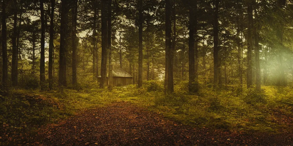 Prompt: a cottage in the woods and empty woods, 35mm lens, 8k, fantasy, hyper realistic, dramatic lighting, cinematic