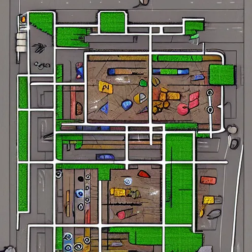 Prompt: dungeons and dragons grid battle map for an urban modern parking lot