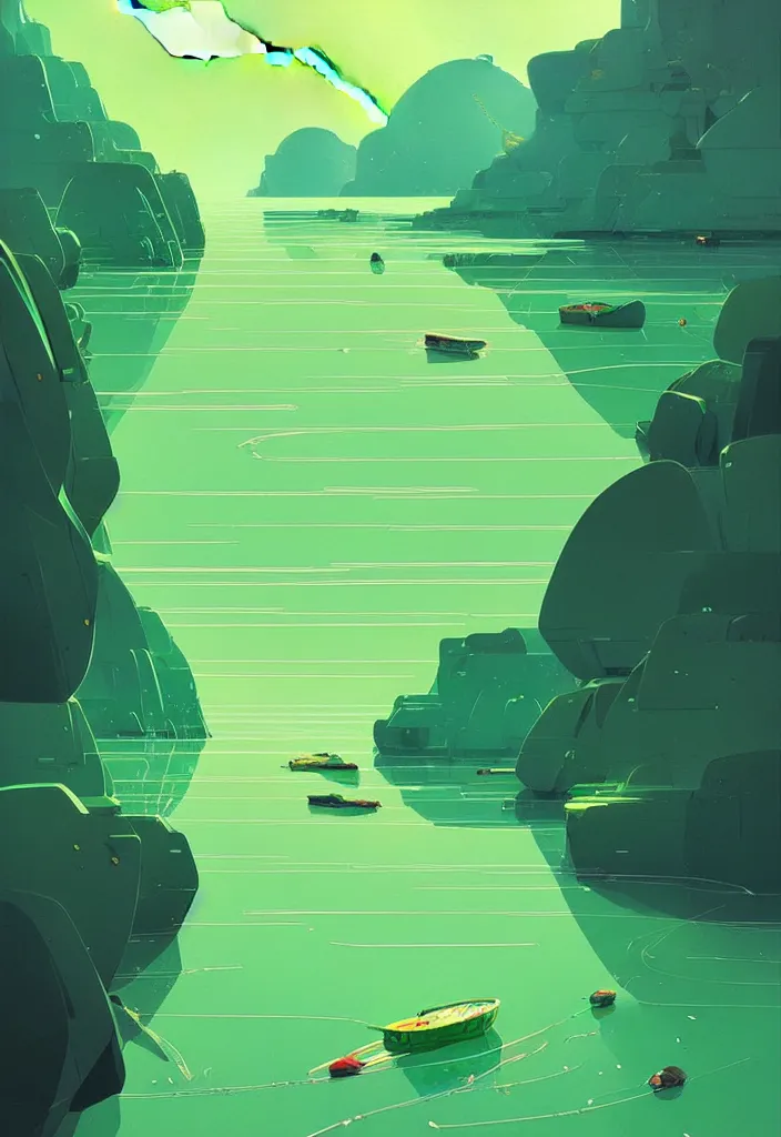 Image similar to by moebius and atey ghailan | a bright green river with clear crystal boats moving up and down it |