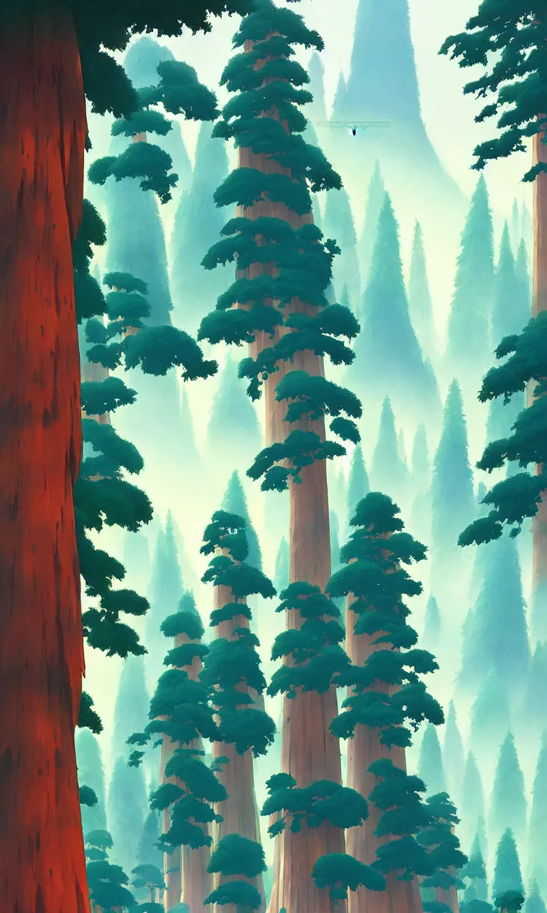 Image similar to Sequoia forest in a colorful moutain with beautiful trees , no people, morning, by studio ghibli painting, superior quality, masterpiece, traditional Japanese colors, by Grzegorz Rutkowski, concept art