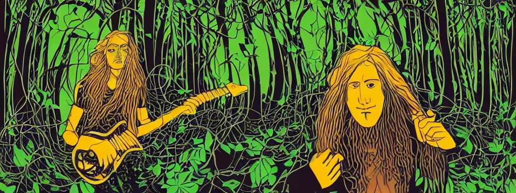 Image similar to a grunge technogaianist long-haired blonde digital musician playing modular synthesizer in the forest, technology and nature swirling in harmony, plugging vines into the synthesizer, trees swaying to the beat, postmodern surrealist concert poster, grainy poster art, hand drawn matte painting by Tara McPherson and Gary Houston, smooth, sharp focus, extremely detailed, 50mm.