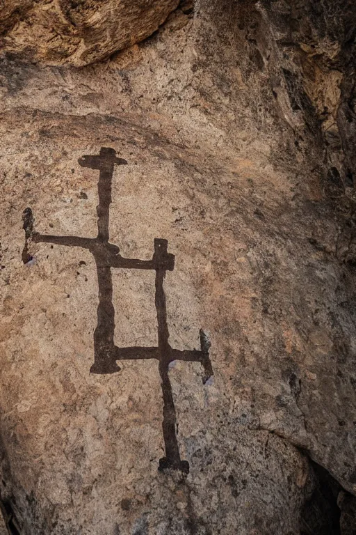 Image similar to 4 k photography of petroglyphs representing crosses, ufo, wifi symbol on a cave