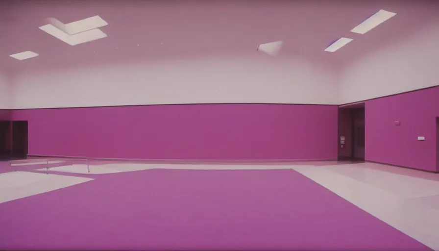 Prompt: 60s movie still of a sovietic stalinist style empty art museum with light pink wall, LOMOCHROME PURPLE FILM 100-400 35MM, liminal Space style, heavy grain