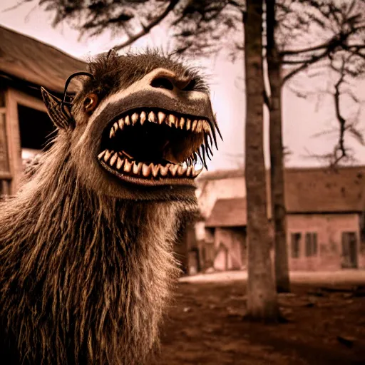 Prompt: horror photography, cinematic, daytime, wide shot, snarling mutant goat monster with a mouth crammed full of sharp teeth and filthy matted fur, village square, terrified villagers