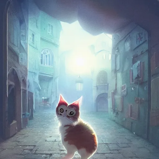 Image similar to Portraiture of Misty-Mitzy the Moon Moggy, huggy wuggy from poppy playtime video game sneaking through the streets of a medieval village at night, glowing lights, oil painting, Greg Rutkowski, Charlie Bowater, Beeple, unreal 5, DAZ, hyperrealistic, octane render, RPG portrait, dynamic lighting, fantasy art, beautiful face
