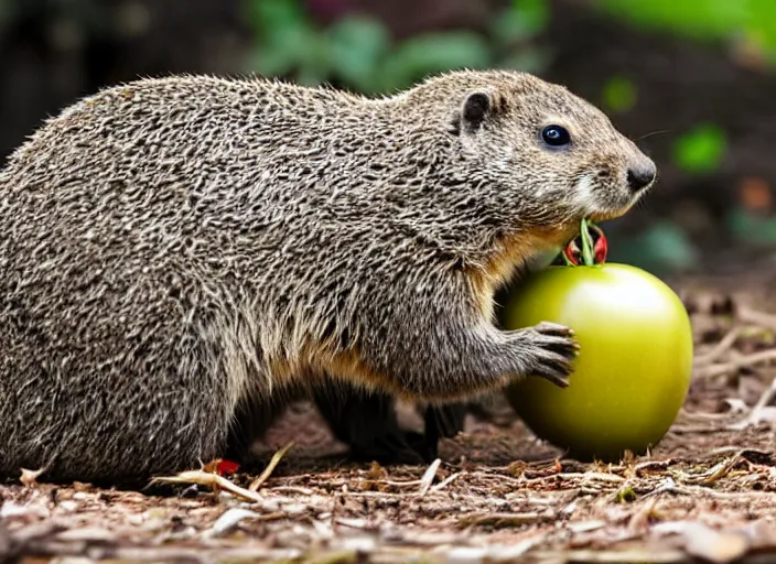 Prompt: groundhog eating a tomato