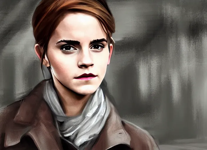 Image similar to movie scene of emma watson, short auburn hair, wearing baggy trench coat, scarf, realistic face, standing in london underground tube platform, digital painting, dramatic lighting