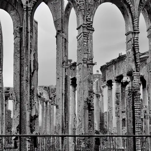 Prompt: the ruins of cities with pillars of smothered stone and twisted iron bars bended by fire in intricate patterns