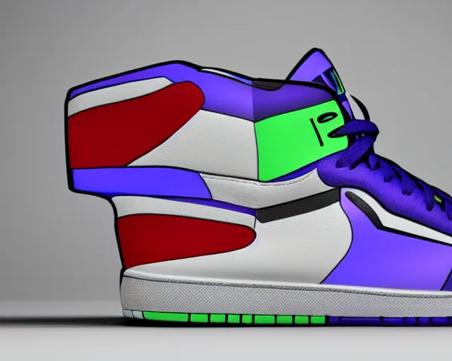 Prompt: 3D render of mid height air jordan sneakers with the joker colors, cinematic, studio lighting, award winning, highly detailed, 4k, hd, sharp