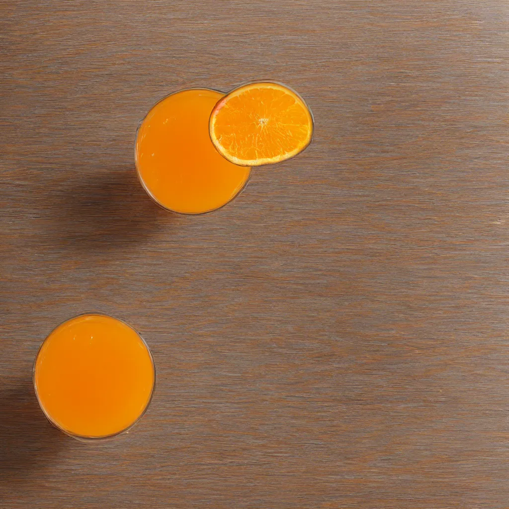 Prompt: top down view of glass filled with orange juice on wooden table, wallpaper, 4k, photorealistic