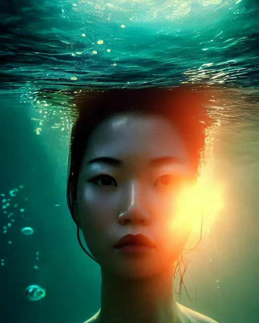 Prompt: portrait of asian woman underwater during sunrise, sunrays, aquaman aesthetic, caustics, rippling water, photoshoot, flowing hair, haunting!, iconic, fine-art, masterpiece!!!, cinematic, trending on artstation