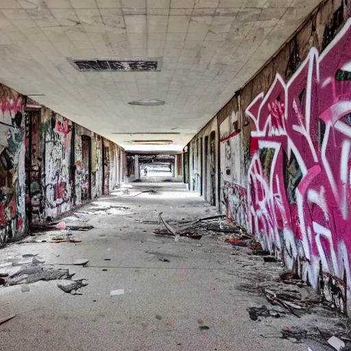 Image similar to Abandoned shopping mall, urbex photo. Low lighting, graffiti.