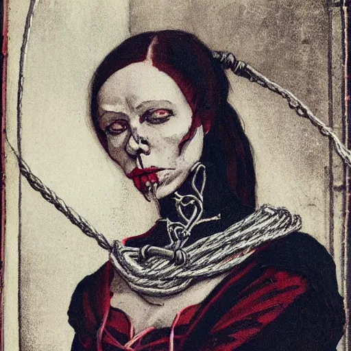 Image similar to dark portrait, death ultra red head woman in medieval dress, strangled with rope, bluish face, victorian style, high detail