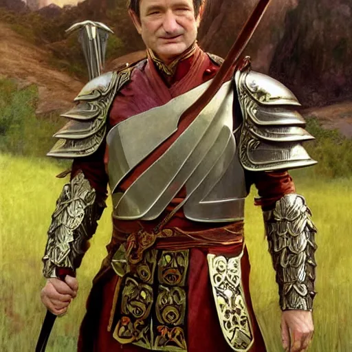 Prompt: robin williams dressed as galad from the wheel of time, epic fantasy, intricate, elegant, highly detailed, digital painting, artstation, matte, sharp focus, illustration, shining plate armor, god rays, rolling grassy field in the background, art by john collier and albert aublet and krenz cushart and artem demura and alphonse mucha