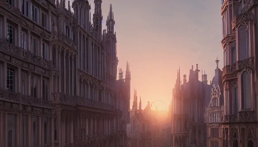 Image similar to neo - gothic brussels, view from the streets, sunset, light between buildings, empty streets, hyperdetailed, artstation, cgsociety, 8 k