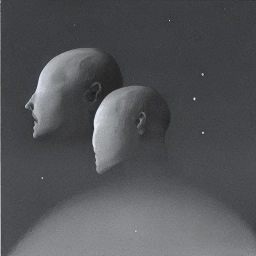 Image similar to “ close up of two men looking up the sky. the sky is totally black. art by zdzisław beksinski ” — w 1 9 2 0 — h 1 4 4 0 — steps 5 0