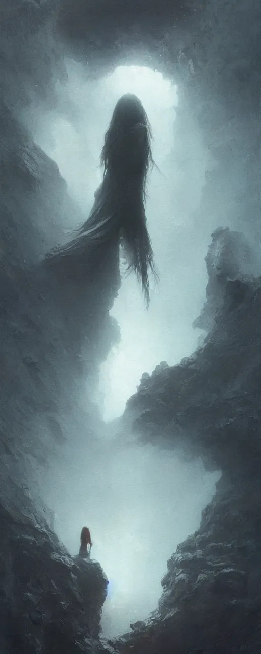 Image similar to she peers into the abyss and sees the abyss looking back at her, dramatic cinematic lighting, smooth, sharp details, intricate, sad and powerful painting by beksinski and ruan jia and greg rutkowski and android jones