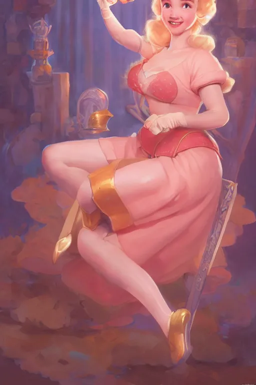 Image similar to Emilia Clarke as the princess peach by Gil Elvgren Stanley Artgerm Lau, WLOP, James Jean, Andrei Riabovitchev, Marc Simonetti, Yoshitaka Amano, ArtStation, CGSociety, cinematic lighting, god ray, starlit shining eyes