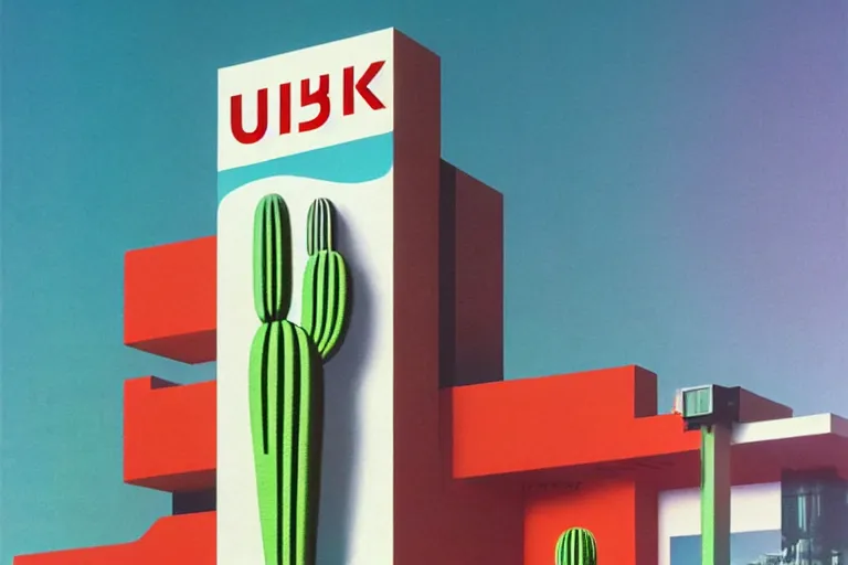 Image similar to an advertisement billboard for 'UBIK', retro-futurism style-art deco style-sci-fi- 3d geometric landscape with cactus