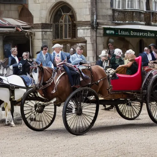 Image similar to lady catherine de bourgh from pride and prejudice drives her barouche box pulled by two horses on the formula 1 circuit of le mans. she is surrounded by cars with models like ferrari, lamborghini or porsche. cinematic, technicolor, highly intricate