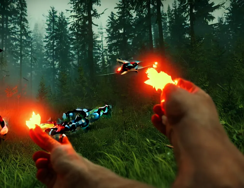 Image similar to a the forest game screenshot with a crashed plane, player is holding a lighter. ultra realistic