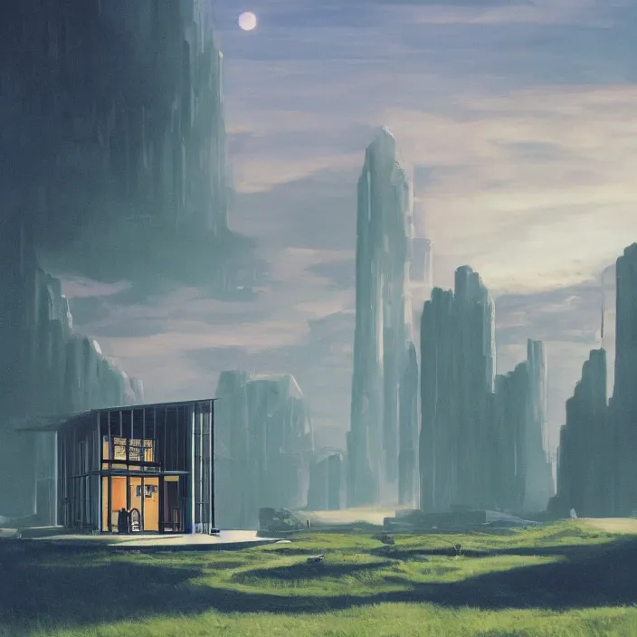 Prompt: a building in a serene landscape, pulp science fiction