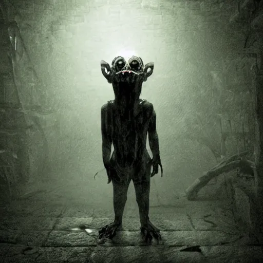 Prompt: the most terrifying creature lurking in a dark and wet basement, realistic lighting, creepy atmosphere, scary creature monster