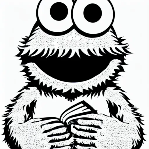 Prompt: book illustration of cookie monster with eight eyes, book illustration, monochromatic, white background, black and white image