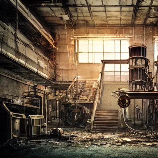 Image similar to abandoned steampunk factory with a synthesizer , cinematic light,