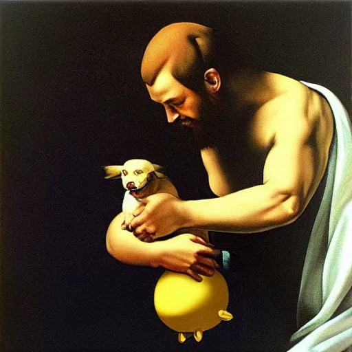 Prompt: zeus and his pet pikachu, oil painting by caravaggio