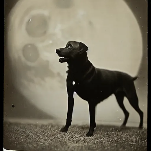 Image similar to an early 1 9 0 0 s photograph of a black dog marked by an extraterrestrial sigil, moonlight, nighttime,