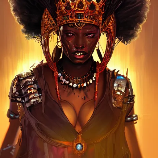Image similar to a dark and ominous african queen with glowing eyes and a golden crown with a ruby and a black diamond in her forehead, Apex Legends character digital illustration portrait design, by android jones and greg rutkowski in a cyberpunk voodoo style, detailed, cinematic lighting, wide angle action dynamic portrait