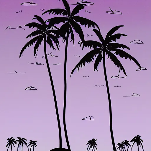 Prompt: ufo and aliens abducting cows from the distance in far pastures during summer night with palm trees. by patrick nagel, minimalist lighting, 1 0 0 0 mm. purple and green gammas.