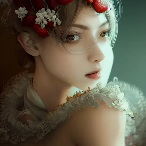 Image similar to the portrait of an absurdly beautiful, graceful, elegant, sophisticated, fashionable young gravure idol made of strawberries and white petals, an ultrafine hyperdetailed illustration by kim jung gi, irakli nadar, intricate linework, bright colors, octopath traveler, final fantasy, unreal engine 5 highly rendered, global illumination, radiant light, detailed and intricate environment