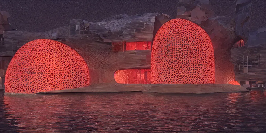 Image similar to An epic architectural rendering of a blob shaped trypophobia house with a mysterious red glow emitting from inside in a modern cityscape next to a river, stunning, gorgeous, golden ratio, photorealistic, featured on artstation, 4k resolution