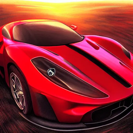 Image similar to cinematic fast sportscar reminiscent of ferrari and porsche in a lush field, shiny, red, beautiful lighting, photorealistic, sharp, sunset, by artgerm