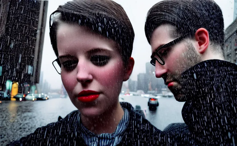 Image similar to cinestill selfie with iphone and mechanical monstrosity, hyperdetailed, by vivian maier,, pouring rain menacing lights shadows, 8 k, hd, high resolution, 3 5 mm, f / 3 2, ultra realistic faces, ex machina