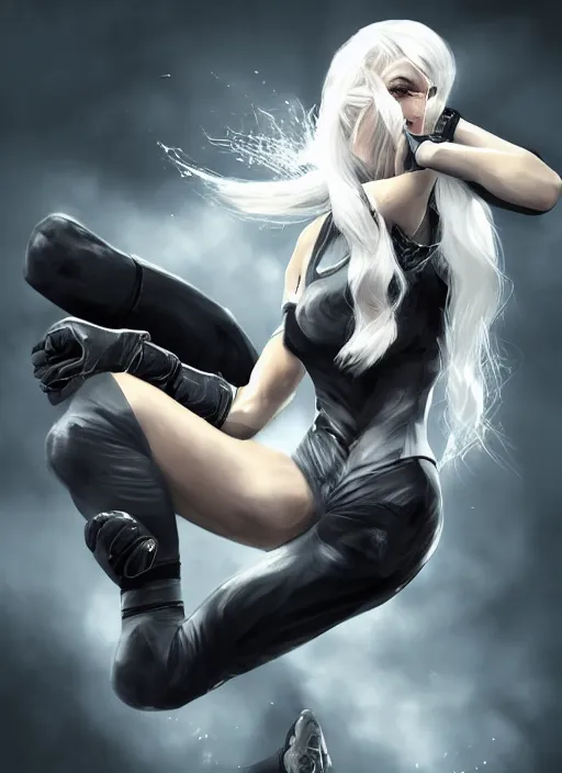 Image similar to a highly detailed illustration of fierce ponytail platinum blonde woman wearing black mma gear and gloves, dramatic powerful kicking pose, fairly muscular, athletic, intricate, elegant, highly detailed, centered, digital painting, artstation, concept art, smooth, sharp focus, league of legends concept art, WLOP