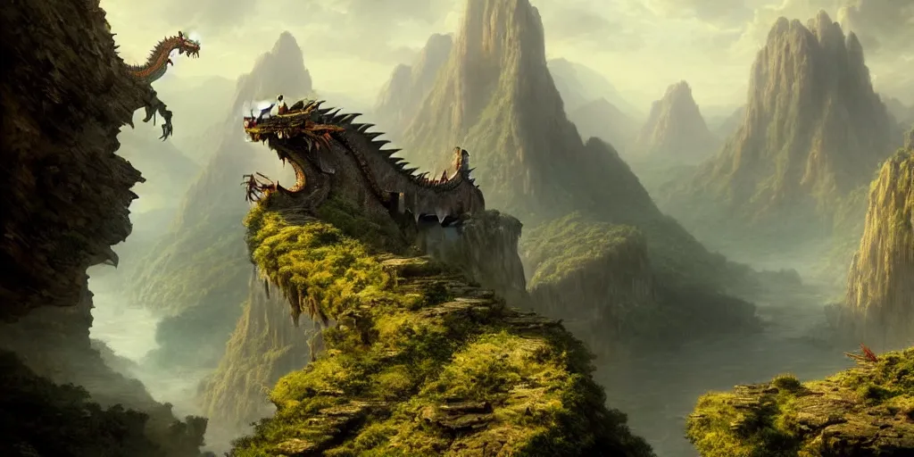 Image similar to a dragon hovers above a river with a lost city on a cliff in the distance, 4 k resolution, ultra detailed, matte oil painting, mysterious, wallpaper, art by greg rutkowski