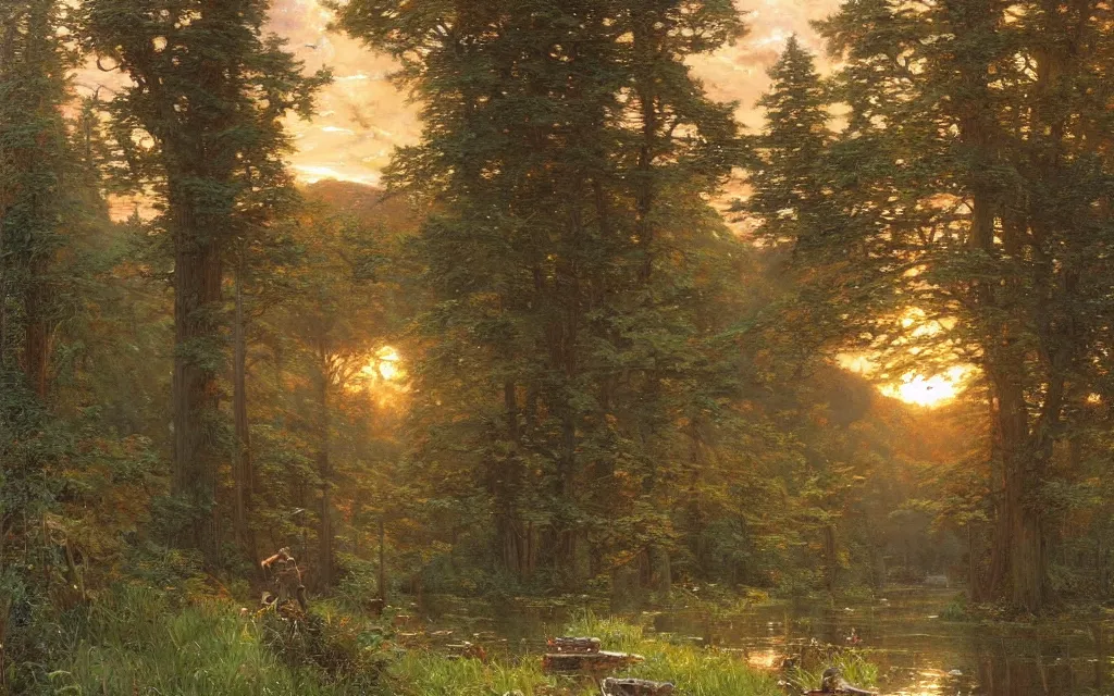 Prompt: a detailed oil painting by john williams waterhouse, thomas kincade, michael whelan and donato giancola of a swiss chalet with trees, hyper detailed, hd, artstation, beautiful sunrise lighting, surrounded by trees