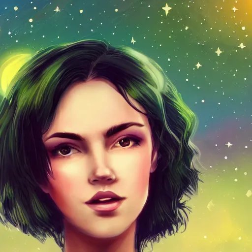 Image similar to a photo of a young woman with short brown hair, green eyes, beautiful trees in the background, night sky with multicolor stars and galaxies, trending on artstation