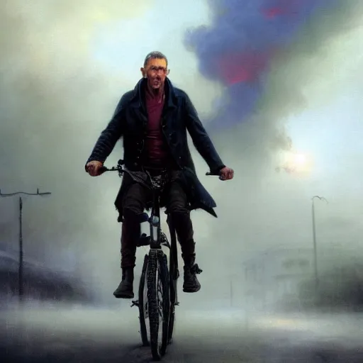 Image similar to cinematic shot epic portrait christopher eccleston riding a bicycle in the streets, atmospheric, cloudy, broad light, ambient occlusion, volumetric light effect, made by ivan aivazovsky, peter mohrbacher, greg rutkowski, ross tran, matte painting, trending on artstation, 4 k, perfectly defined features, digital painting, cinematic, epic, highly detailed,