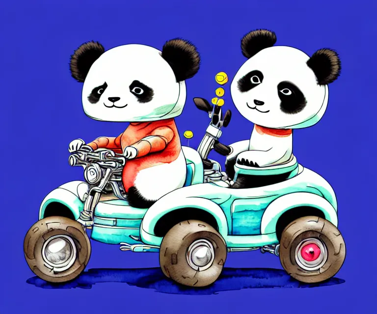 Prompt: cute and funny, panda wearing a helmet riding in a tiny fourwheeler with oversized engine, ratfink style by ed roth, centered award winning watercolor pen illustration, isometric illustration by chihiro iwasaki, edited by range murata, tiny details by artgerm, symmetrically isometrically centered