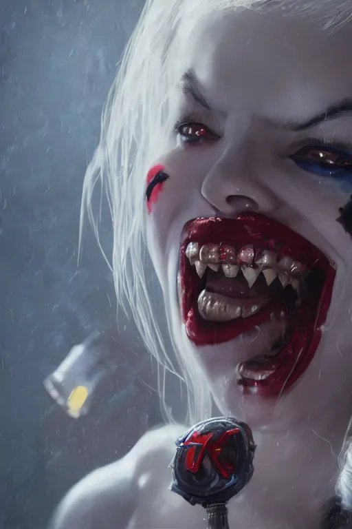 Prompt: a portrait of a scary Harley Quinn by Greg Rutkowski, Sung Choi, Mitchell Mohrhauser, Maciej Kuciara, Johnson Ting, Maxim Verehin, Peter Konig, final fantasy , mythical, 8k photorealistic, cinematic lighting, HD, high details, atmospheric,