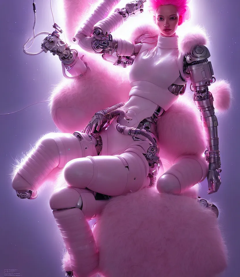 Image similar to beautiful fantasy character portrait of a female cyborg, wearing pink puffy bomber jacket with white fur, seductive reclining pose, lasers, ultra realistic, dramatic lighting, robots, the fifth element artifacts, highly detailed by peter mohrbacher, hajime sorayama, wayne barlowe, boris vallejo, aaron horkey, gaston bussiere, craig mullins