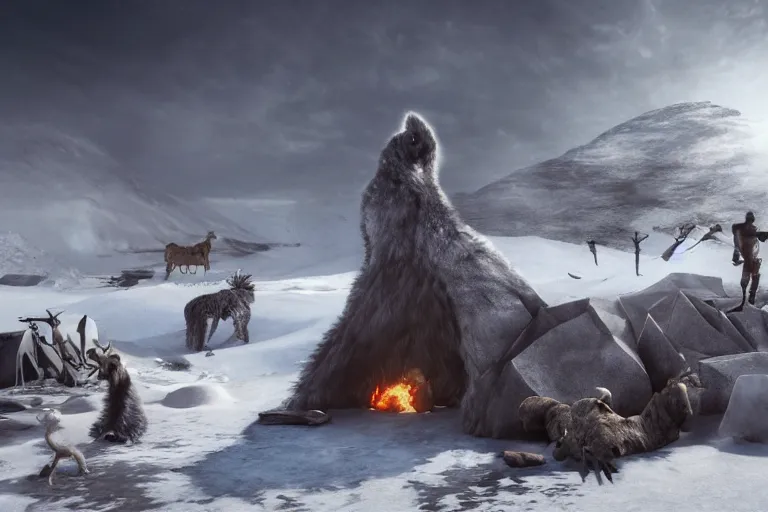 Image similar to the most amazing dream you ever had about black african hunters at arctic near an igloo, hyper realistic, ambient lighting, concept art, intricate, hyper detailed, smooth, dynamic volumetric lighting, octane, cinematic