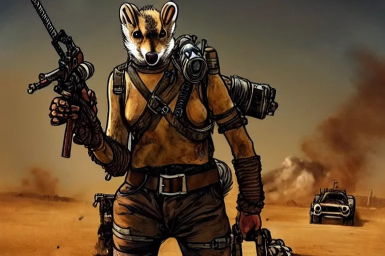 Prompt: a good ol'weasel fursona ( from the furry fandom ), heavily armed and armored facing down armageddon in a dark and gritty version from the makers of mad max : fury road. witness me.