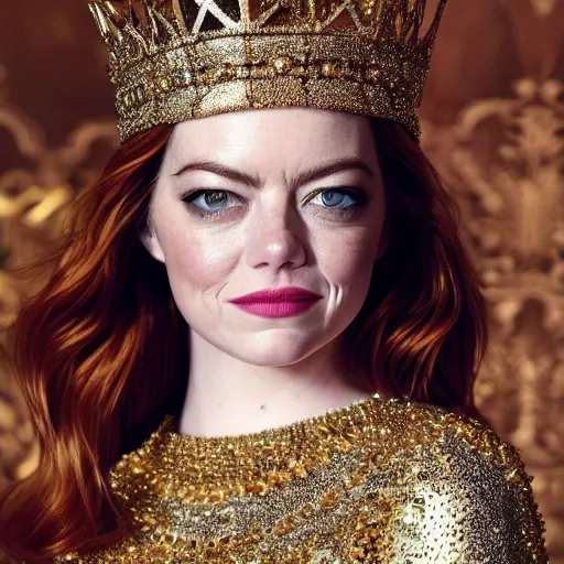 Image similar to A full body shot of Emma Stone wearing a golden Arabian crown , royality, high quality, fully detailed, 4k, in focus, detailed eyes